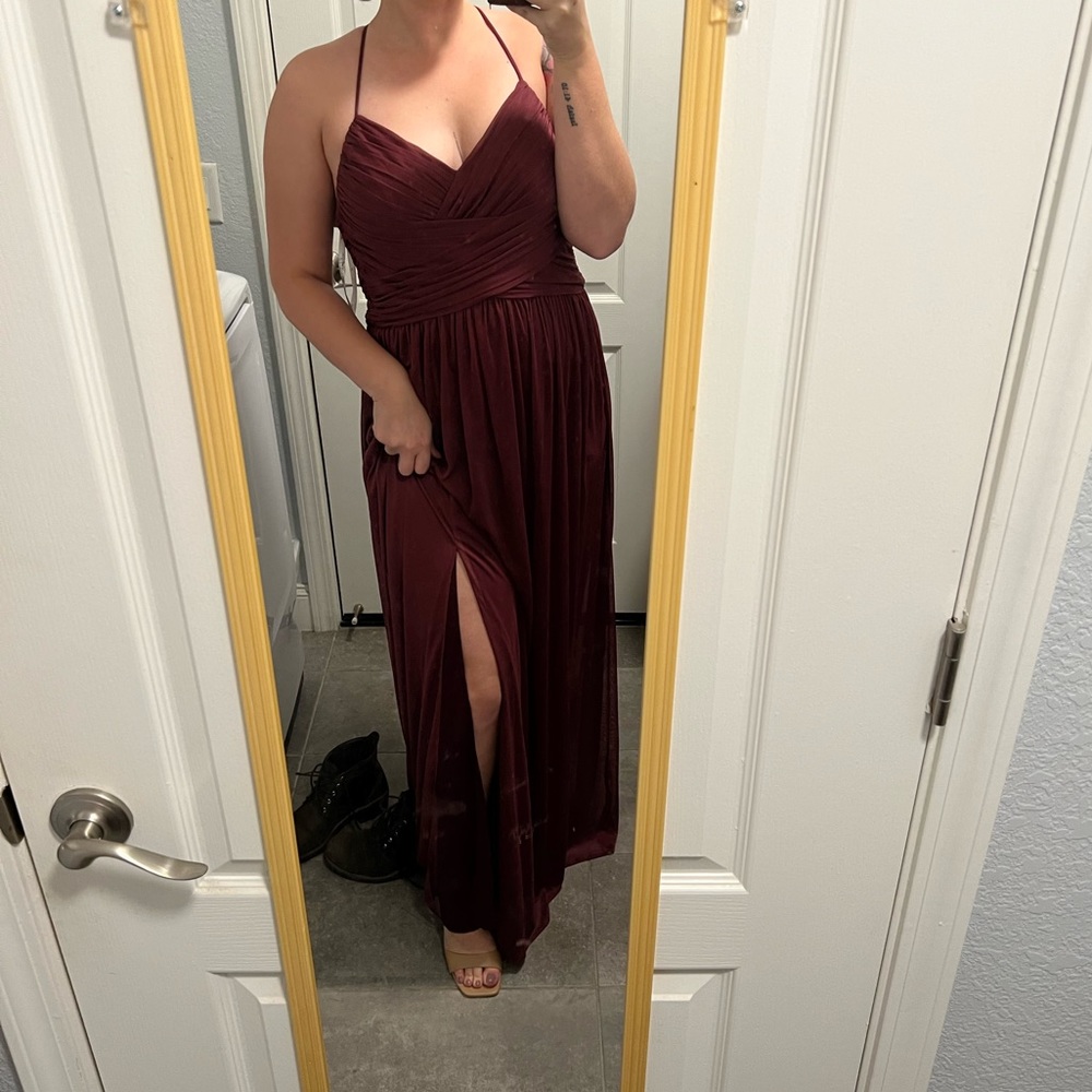 Wine colored David’s bridal long mesh bridesmaid dress, size 10